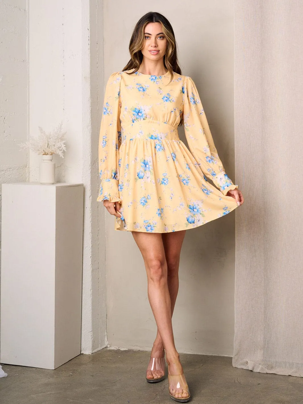 WOMEN'S LONG SLEEVE FIT & FLARE FLORAL MINI DRESS