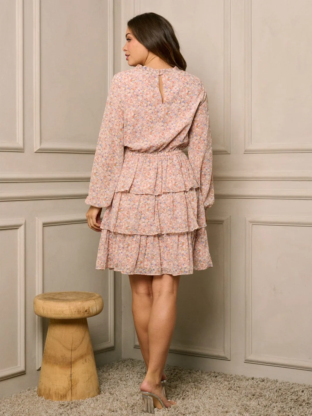 WOMEN'S LONG SLEEVE TIERED FIT & FLARE FLORAL MIDI DRESS