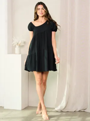 WOMEN'S SHORT PUFF SLEEVES FIT & FLARE ASYMETRICAL NECK MINI DRESS