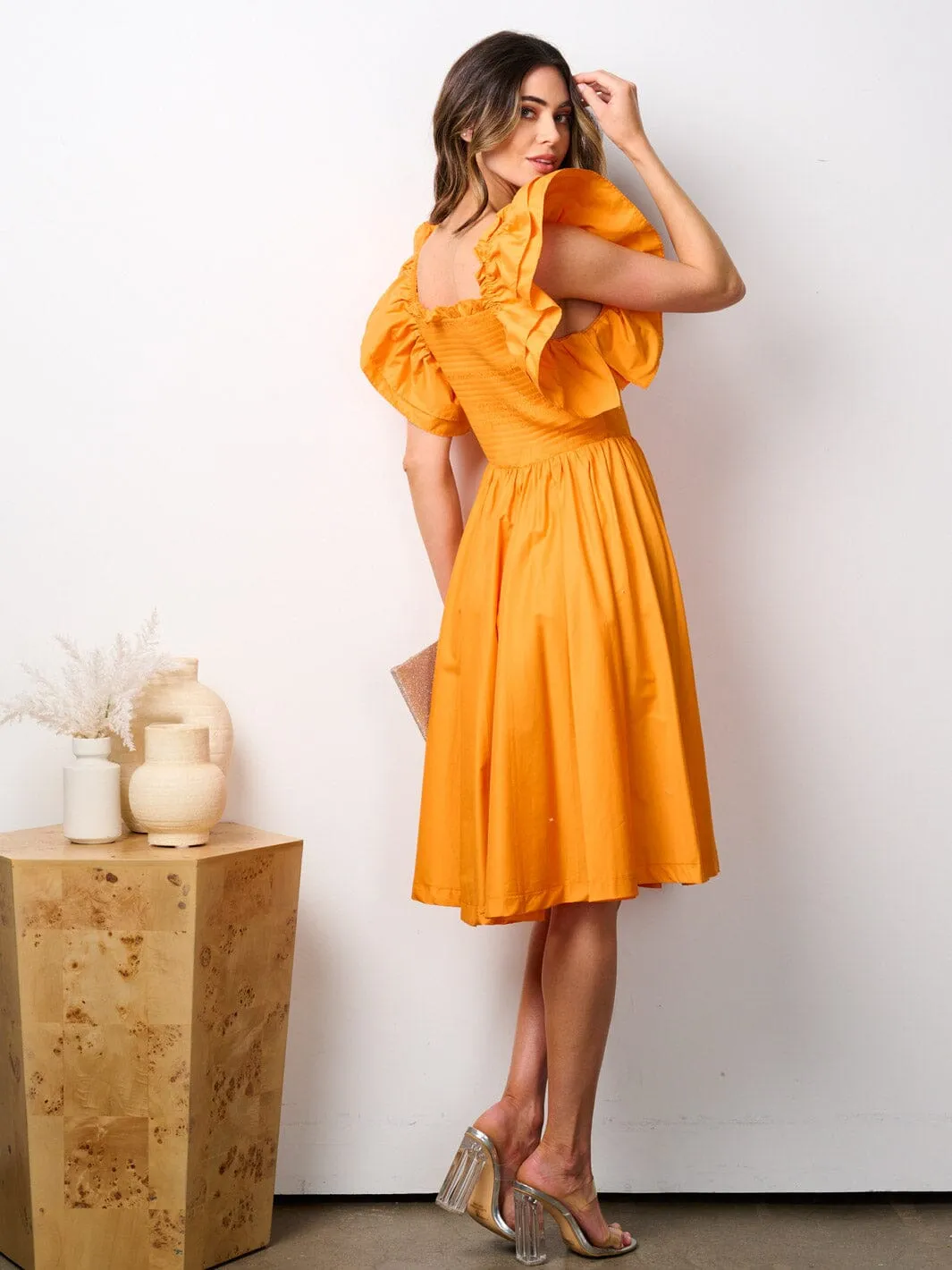 WOMEN'S SHORT RUFFLE SLEEVE SMOCK FIT & FLARE MIDI DRESS