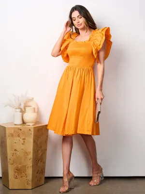 WOMEN'S SHORT RUFFLE SLEEVE SMOCK FIT & FLARE MIDI DRESS