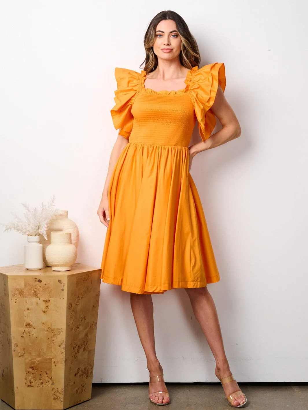 WOMEN'S SHORT RUFFLE SLEEVE SMOCK FIT & FLARE MIDI DRESS