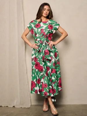 WOMEN'S SHORT SLEEVE POCKETS FIT & FLARE FLORAL MAXI DRESS