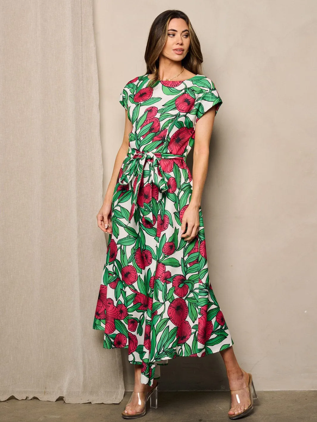 WOMEN'S SHORT SLEEVE POCKETS FIT & FLARE FLORAL MAXI DRESS
