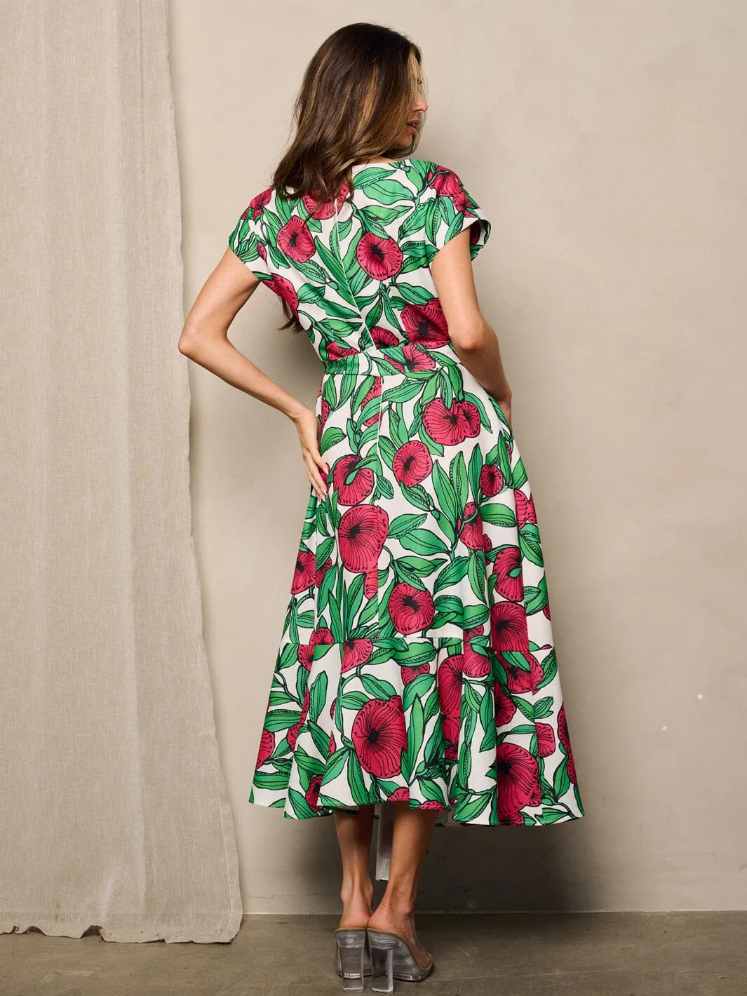 WOMEN'S SHORT SLEEVE POCKETS FIT & FLARE FLORAL MAXI DRESS
