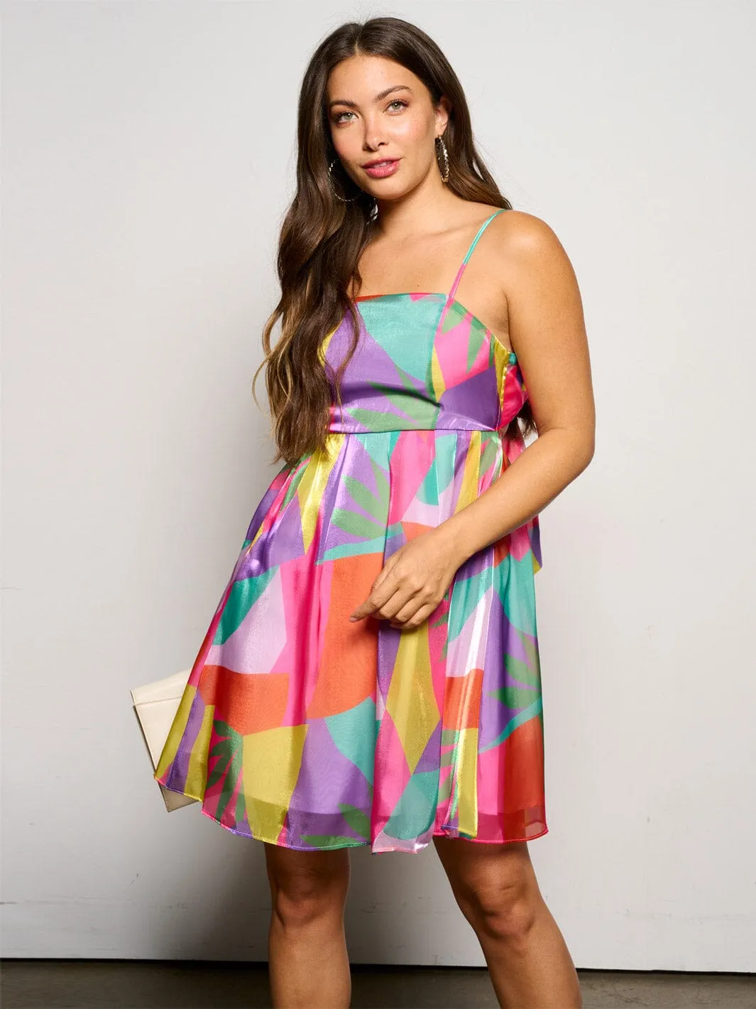 WOMEN'S SLEEVELESS BACK TIE MULTI PRINT FIT & FLARE MINI DRESS