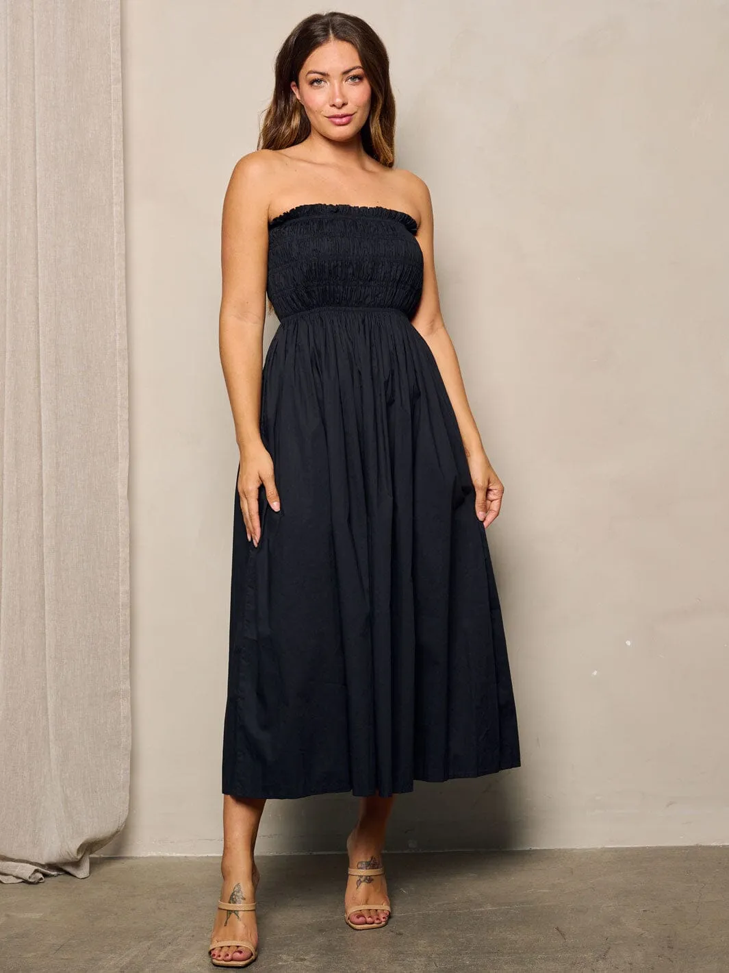 WOMEN'S SLEEVELESS POCKETS SMOCK FIT & FLARE MIDI DRESS