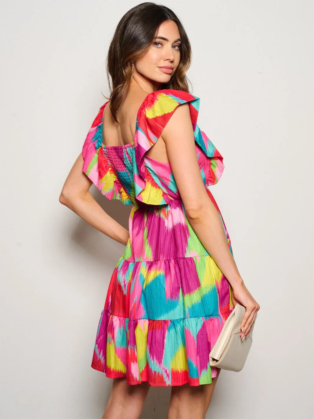 WOMEN'S SLEEVELESS SMOCK PRINTED FIT & FLARE MINI DRESS