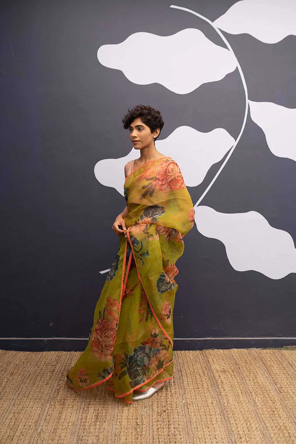 YAM   I  Born  CORFU GREEN SAREE 1  (SAREE)  [BLOUSE STITCHED/ UNSTITCHED NOT INCLUDED] SILK ORGANZA GREEN YAMSR25