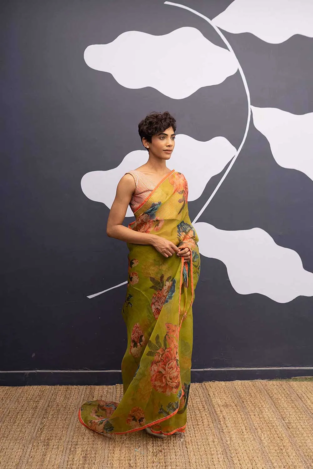 YAM   I  Born  CORFU GREEN SAREE 1  (SAREE)  [BLOUSE STITCHED/ UNSTITCHED NOT INCLUDED] SILK ORGANZA GREEN YAMSR25