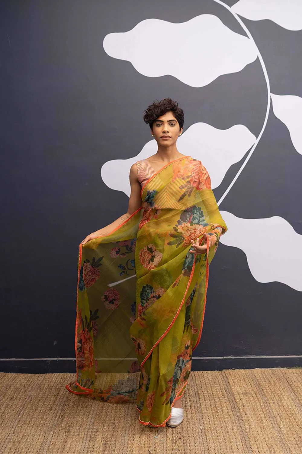 YAM   I  Born  CORFU GREEN SAREE 1  (SAREE)  [BLOUSE STITCHED/ UNSTITCHED NOT INCLUDED] SILK ORGANZA GREEN YAMSR25