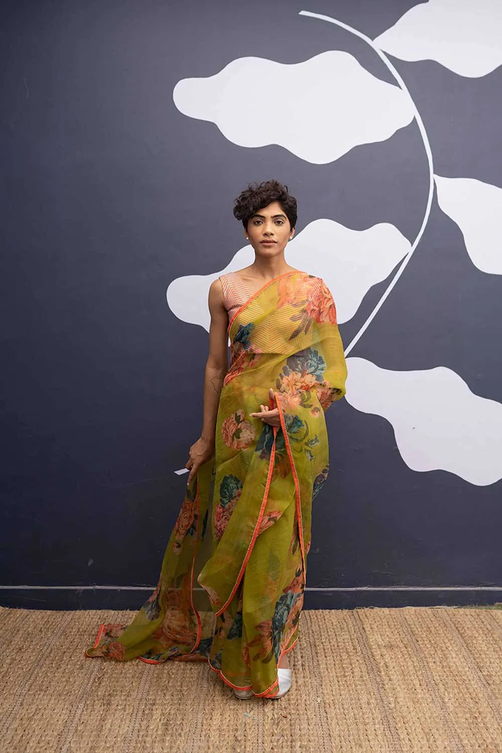 YAM   I  Born  CORFU GREEN SAREE 1  (SAREE)  [BLOUSE STITCHED/ UNSTITCHED NOT INCLUDED] SILK ORGANZA GREEN YAMSR25