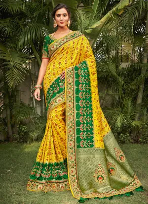 Yellow And Green Silk Saree