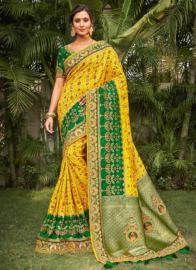 Yellow And Green Silk Saree