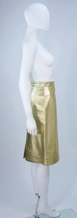 YVES SAINT LAURENT Gold Foil Metallic Leather Pencil Skirt Size 42