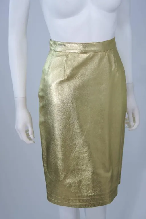 YVES SAINT LAURENT Gold Foil Metallic Leather Pencil Skirt Size 42