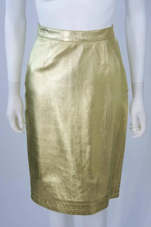 YVES SAINT LAURENT Gold Foil Metallic Leather Pencil Skirt Size 42