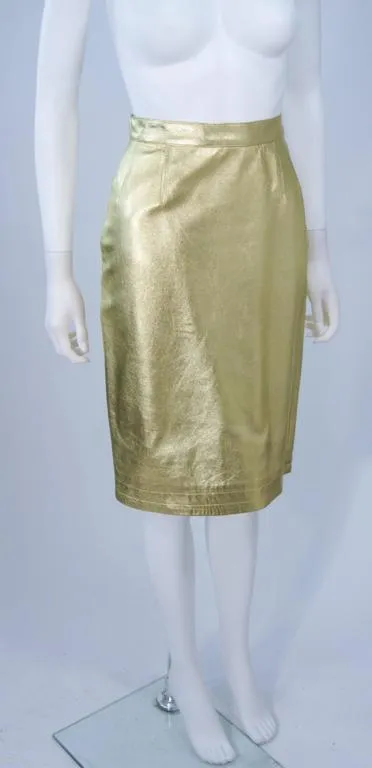 YVES SAINT LAURENT Gold Foil Metallic Leather Pencil Skirt Size 42