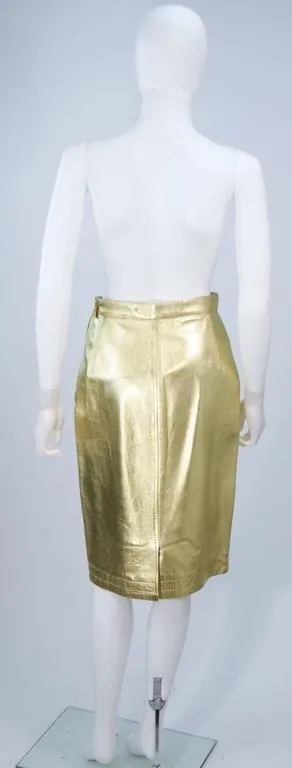 YVES SAINT LAURENT Gold Foil Metallic Leather Pencil Skirt Size 42