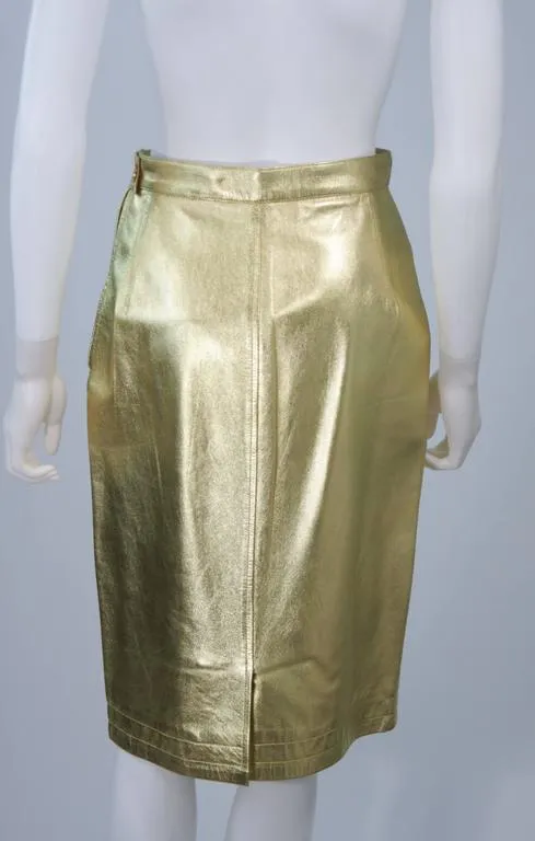 YVES SAINT LAURENT Gold Foil Metallic Leather Pencil Skirt Size 42