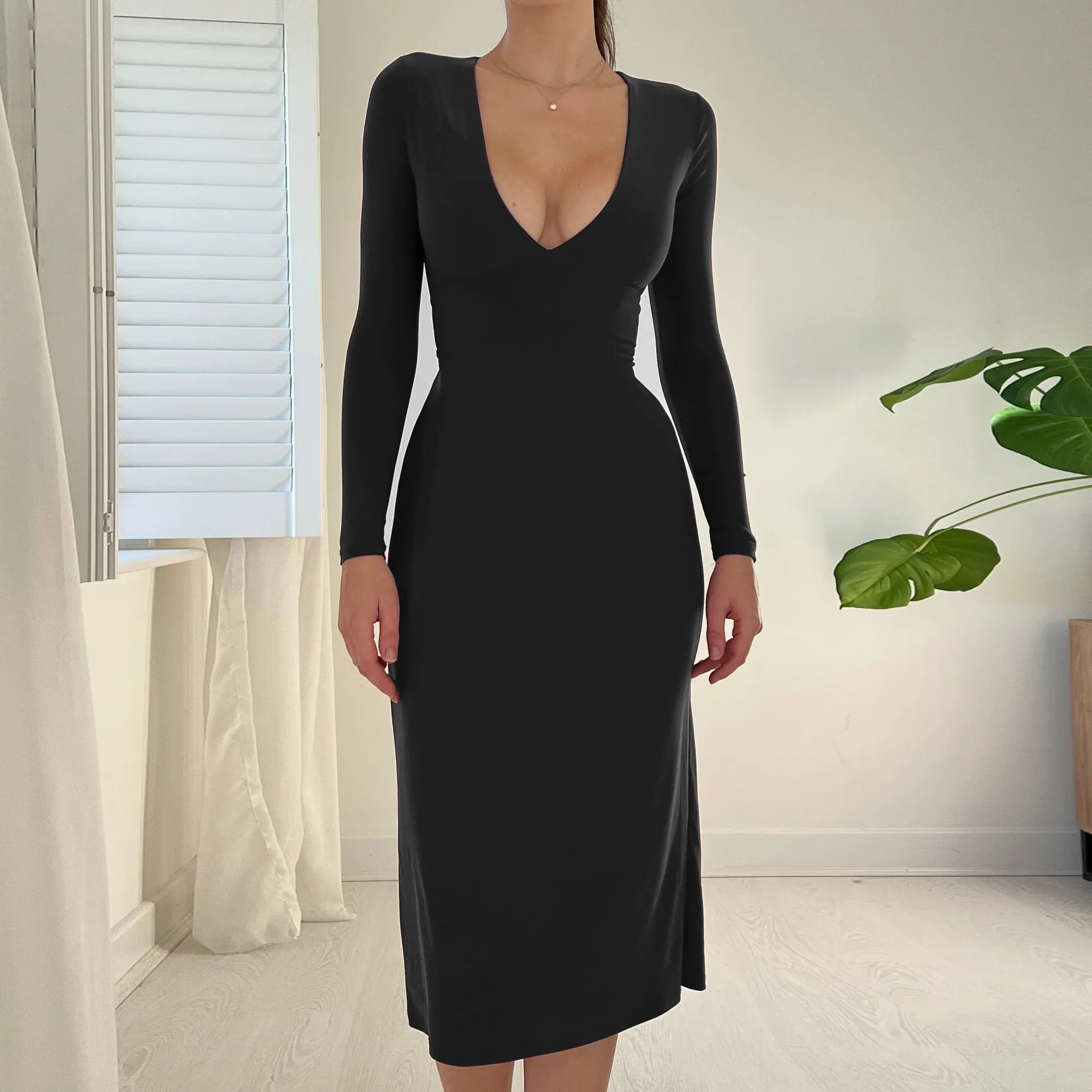 YY22424Slimming long sleevesvCollar Tied Dress European and American Sexy Slim Fit Solid Color Fashion Trendy Hot Girl Dress