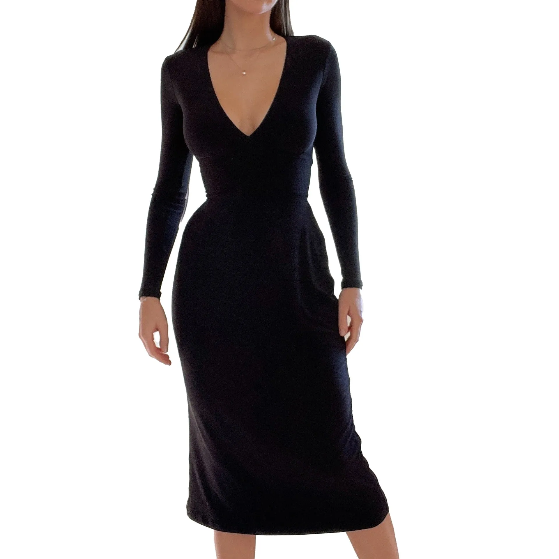 YY22424Slimming long sleevesvCollar Tied Dress European and American Sexy Slim Fit Solid Color Fashion Trendy Hot Girl Dress