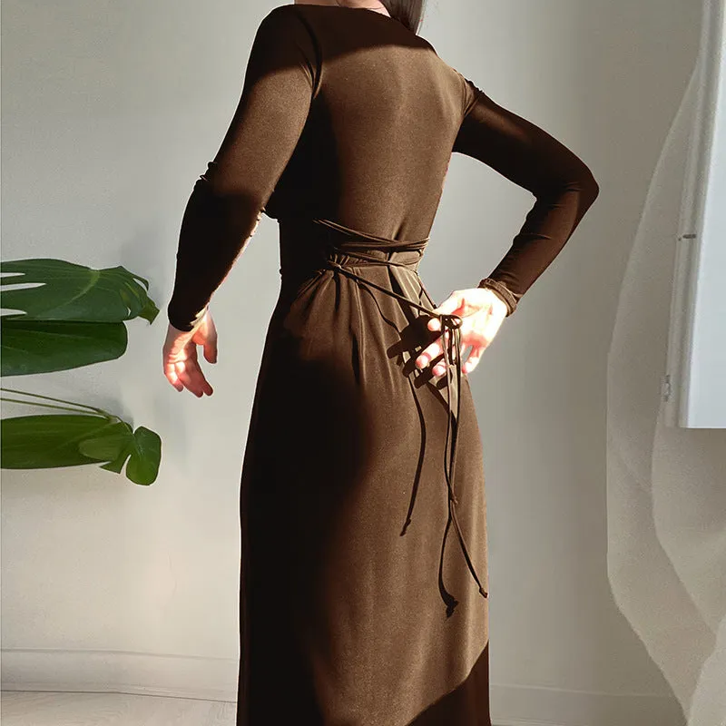 YY22424Slimming long sleevesvCollar Tied Dress European and American Sexy Slim Fit Solid Color Fashion Trendy Hot Girl Dress