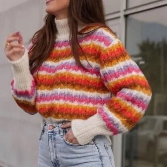 ZARA Chunky Woven Knit Jacquard Rainbow Sweater Striped Weave Multicolor