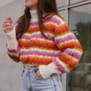 ZARA Chunky Woven Knit Jacquard Rainbow Sweater Striped Weave Multicolor