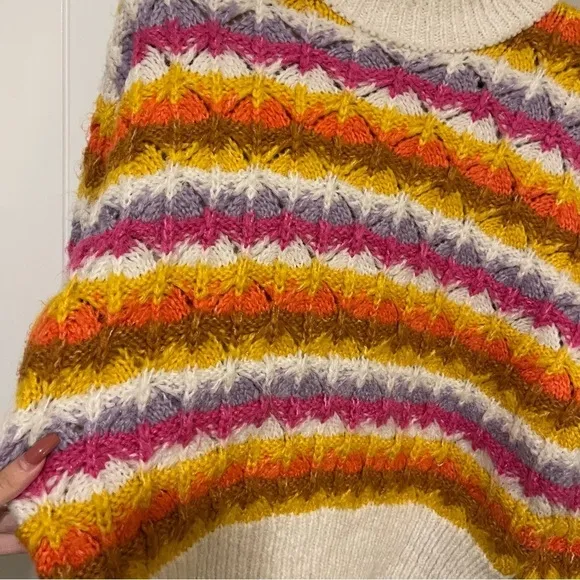 ZARA Chunky Woven Knit Jacquard Rainbow Sweater Striped Weave Multicolor