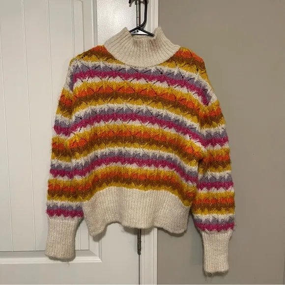 ZARA Chunky Woven Knit Jacquard Rainbow Sweater Striped Weave Multicolor