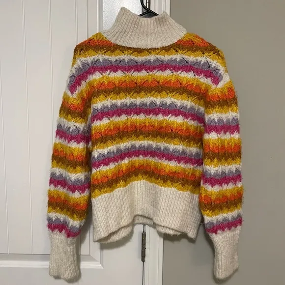 ZARA Chunky Woven Knit Jacquard Rainbow Sweater Striped Weave Multicolor