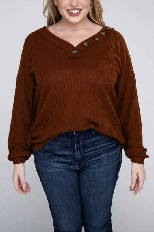 ZENANA Plus Brushed Waffle V-Neck Button Detail Sweater