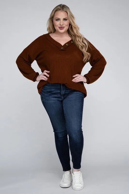 ZENANA Plus Brushed Waffle V-Neck Button Detail Sweater