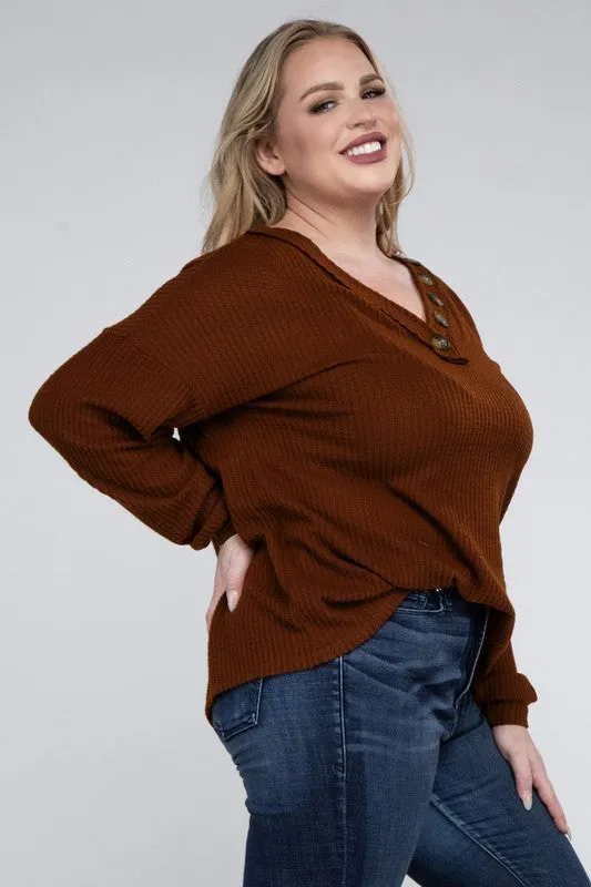 ZENANA Plus Brushed Waffle V-Neck Button Detail Sweater