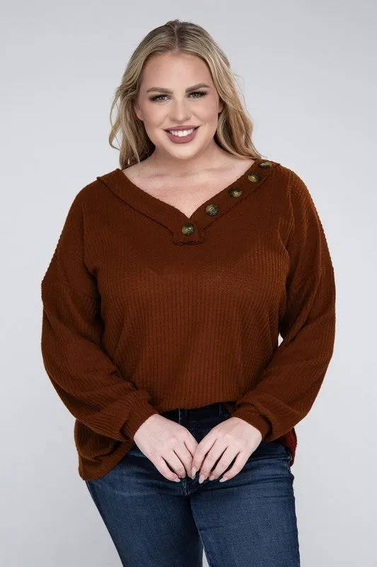 ZENANA Plus Brushed Waffle V-Neck Button Detail Sweater