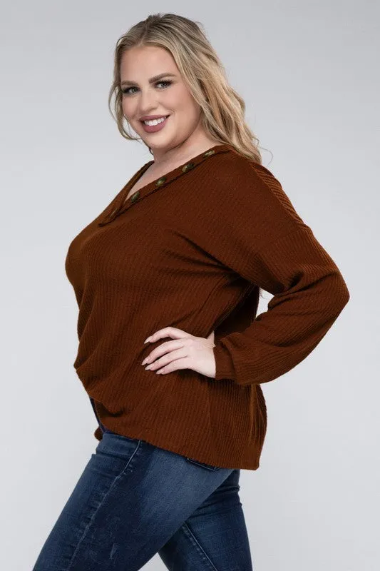 ZENANA Plus Brushed Waffle V-Neck Button Detail Sweater