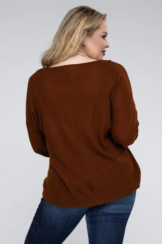 ZENANA Plus Brushed Waffle V-Neck Button Detail Sweater
